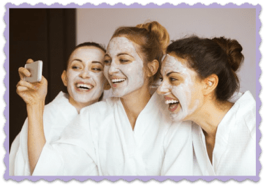 FAQ Spa Day, Woman with face masks take selfies at the spa